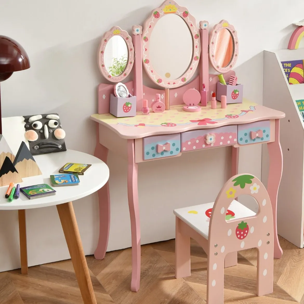 Kinder Schminktisch Kinder Frisier-Set mit Spiegel 70 x 34 x 105 cm Rosa