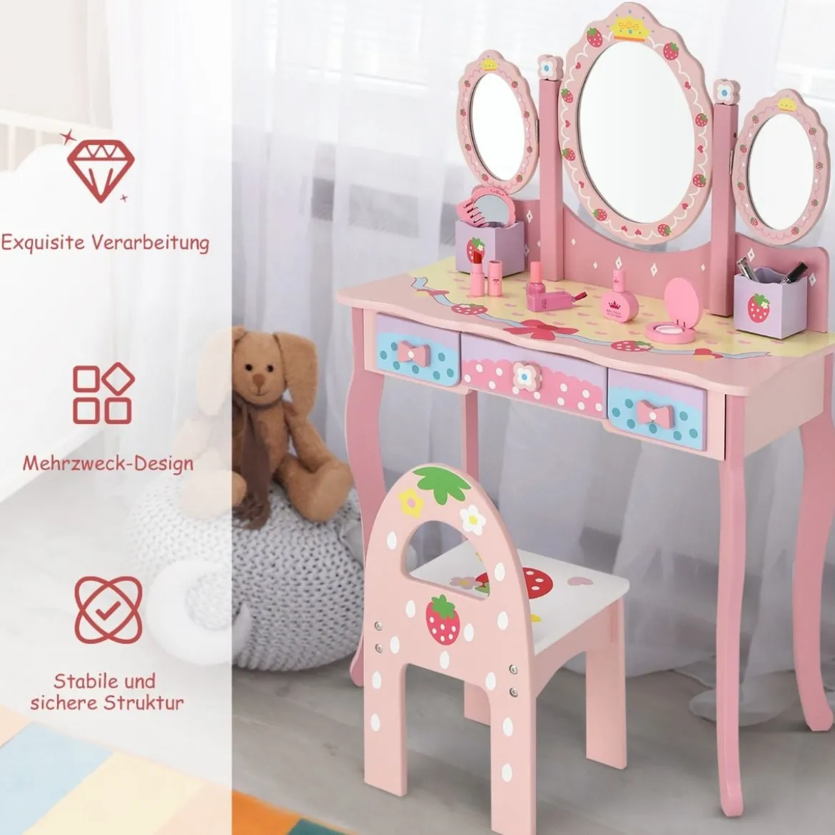 Kinder Schminktisch Kinder Frisier-Set mit Spiegel 70 x 34 x 105 cm Rosa