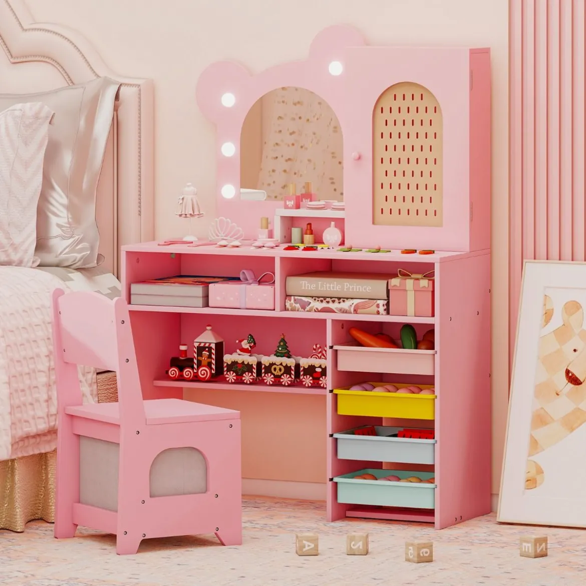 Kinder Schminktisch mit Beleuchtung Prinzessin Schminktisch & Stuhl Set mit 5 Schubladen & 2 Fächern Rosa