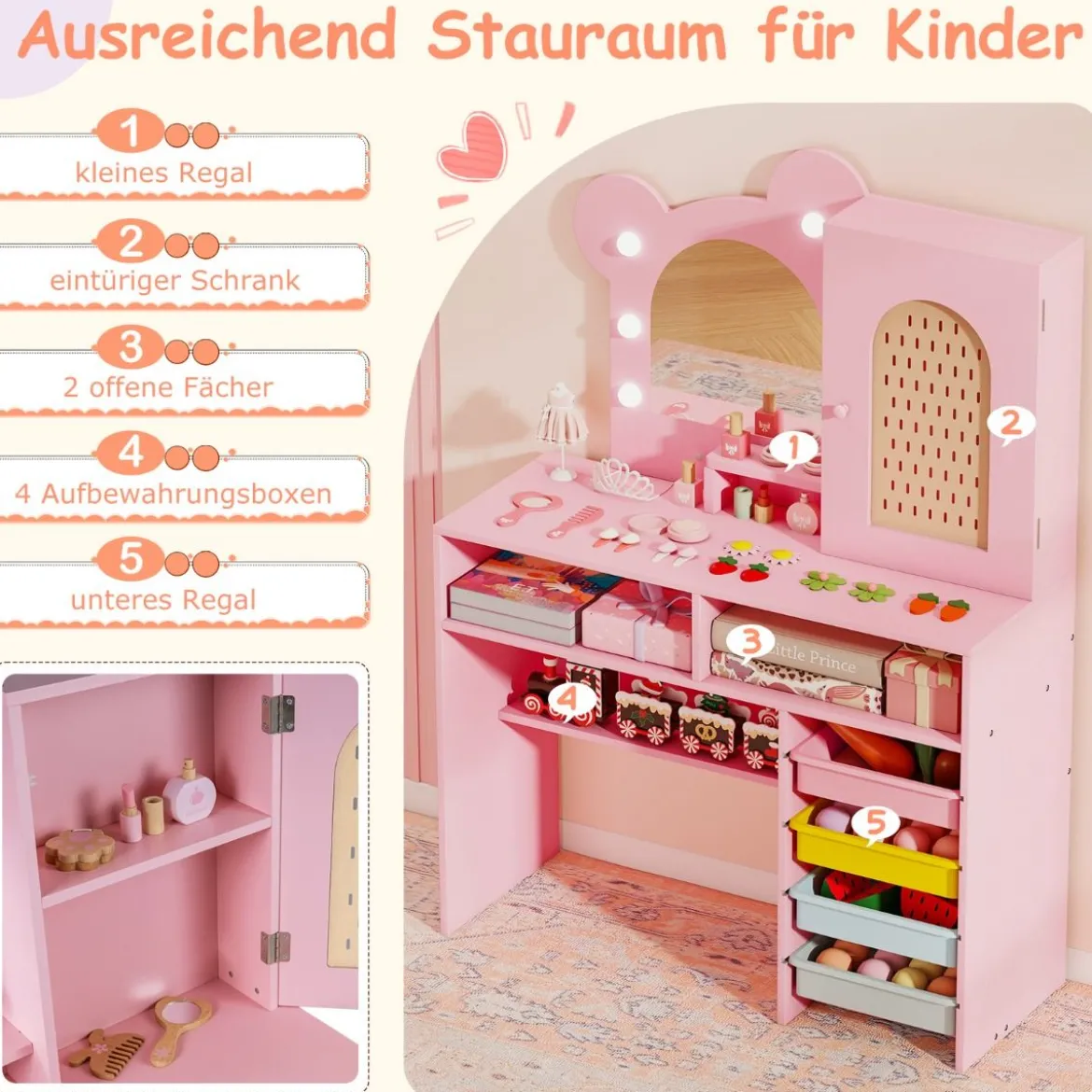 Kinder Schminktisch mit Beleuchtung Prinzessin Schminktisch & Stuhl Set mit 5 Schubladen & 2 Fächern Rosa