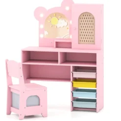 Kinder Schminktisch mit Beleuchtung Prinzessin Schminktisch & Stuhl Set mit 5 Schubladen & 2 Fächern Rosa