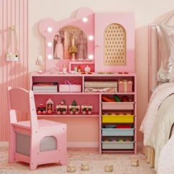 Kinder Schminktisch mit Beleuchtung Prinzessin Schminktisch & Stuhl Set mit 5 Schubladen & 2 Fächern Rosa