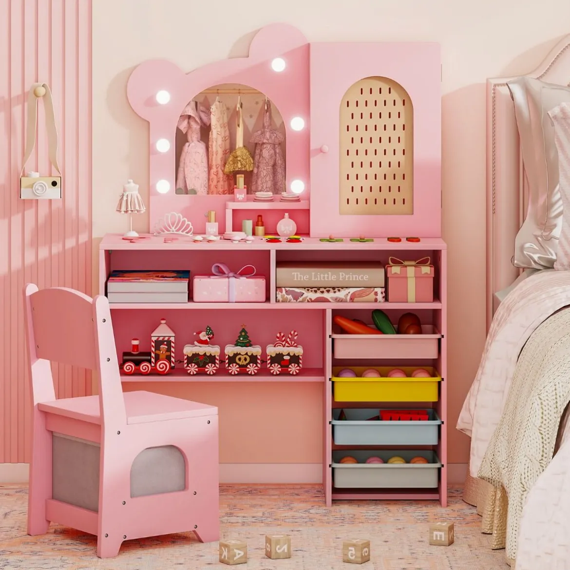 Kinder Schminktisch mit Beleuchtung Prinzessin Schminktisch & Stuhl Set mit 5 Schubladen & 2 Fächern Rosa