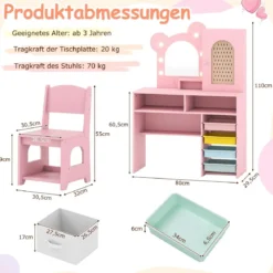 Kinder Schminktisch mit Beleuchtung Prinzessin Schminktisch & Stuhl Set mit 5 Schubladen & 2 Fächern Rosa