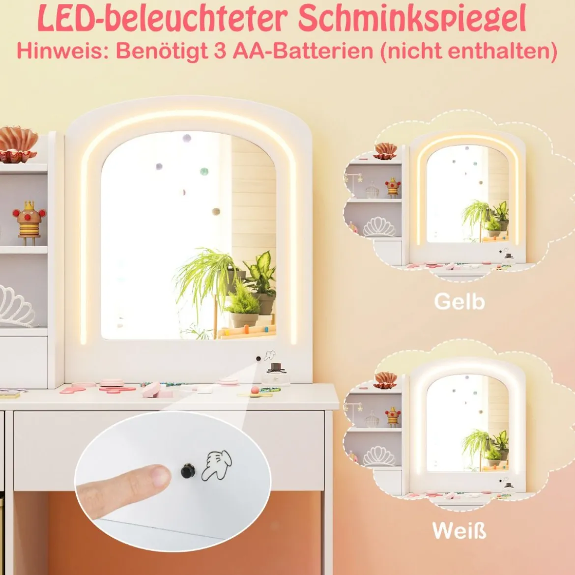 Kinder Schminktisch mit Beleuchtung Kinderschminktisch mit Spiegel Frisiertisch Weiß