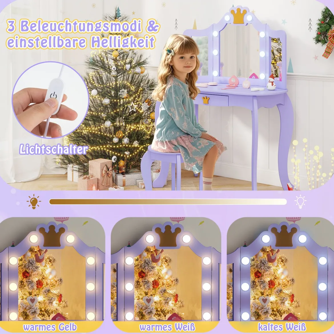 Kinder Schminktisch mit Beleuchtung Frisiertisch Mädchen mit Dreifach Klappbarem Spiegel