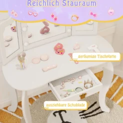 Kinder Schminktisch mit Beleuchtung Frisiertisch Mädchen mit Dreifach Klappbarem Spiegel