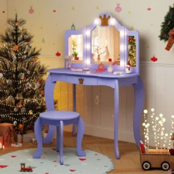 Kinder Schminktisch mit Beleuchtung Frisiertisch Mädchen mit Dreifach Klappbarem Spiegel