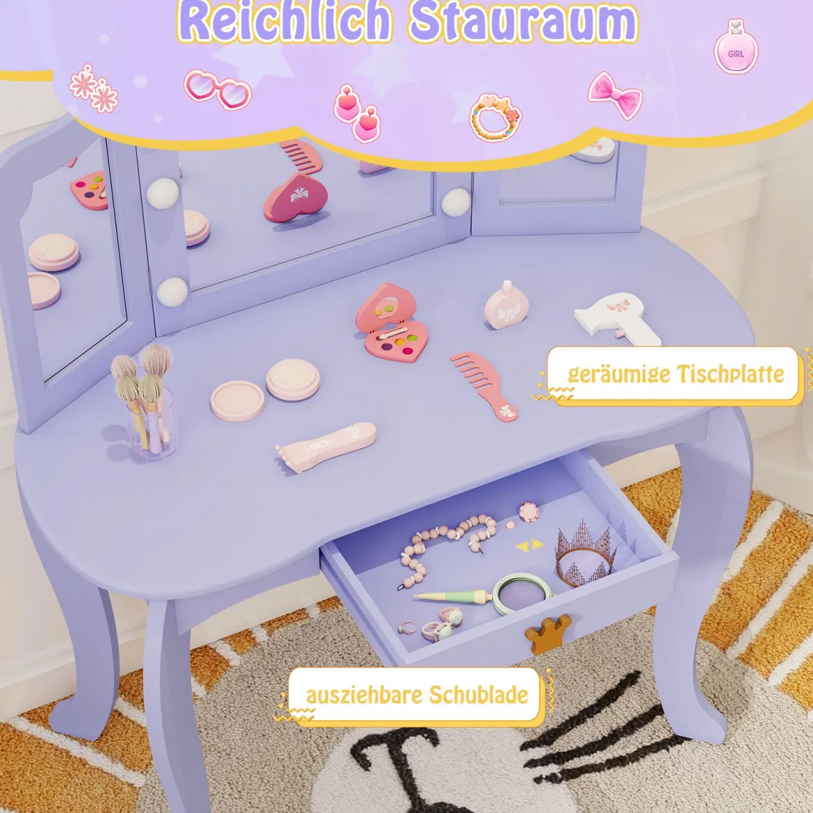 Kinder Schminktisch mit Beleuchtung Frisiertisch Mädchen mit Dreifach Klappbarem Spiegel