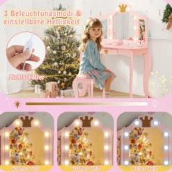Kinder Schminktisch mit Beleuchtung Frisiertisch Mädchen mit Dreifach Klappbarem Spiegel