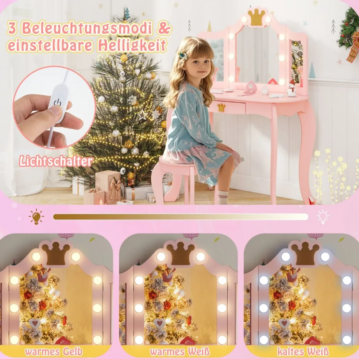 Kinder Schminktisch mit Beleuchtung Frisiertisch Mädchen mit Dreifach Klappbarem Spiegel