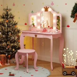 Kinder Schminktisch mit Beleuchtung Frisiertisch Mädchen mit Dreifach Klappbarem Spiegel