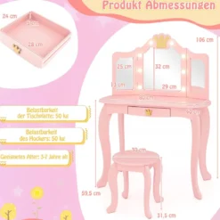 Kinder Schminktisch mit Beleuchtung Frisiertisch Mädchen mit Dreifach Klappbarem Spiegel
