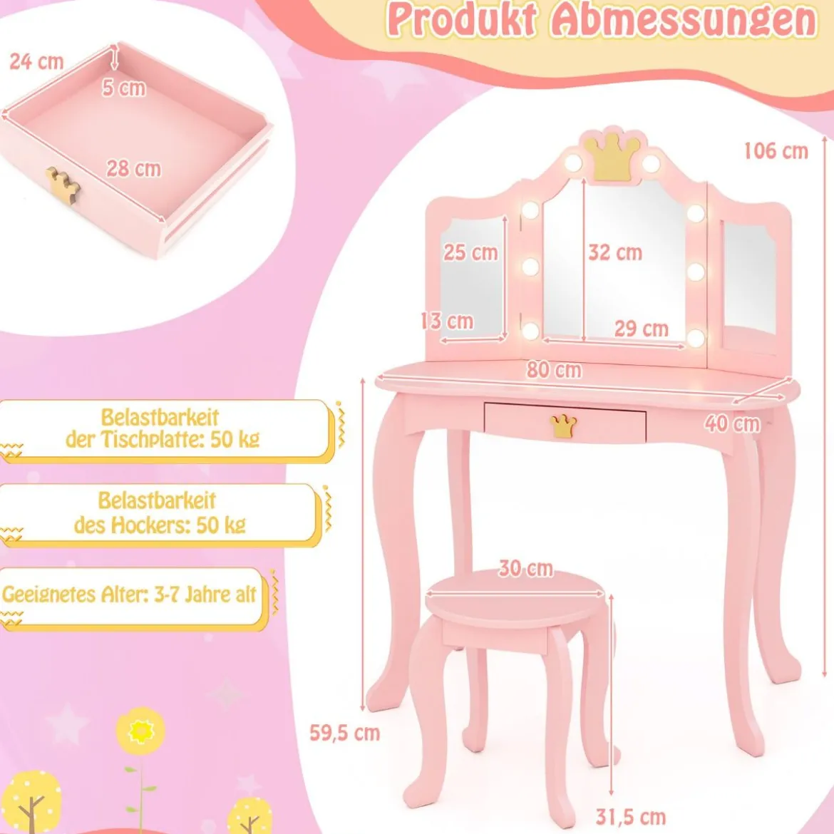 Kinder Schminktisch mit Beleuchtung Frisiertisch Mädchen mit Dreifach Klappbarem Spiegel