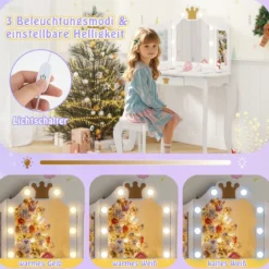 Kinder Schminktisch mit Beleuchtung Frisiertisch Mädchen mit Dreifach Klappbarem Spiegel