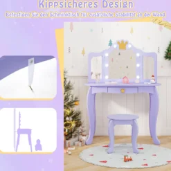 Kinder Schminktisch mit Beleuchtung Frisiertisch Mädchen mit Dreifach Klappbarem Spiegel