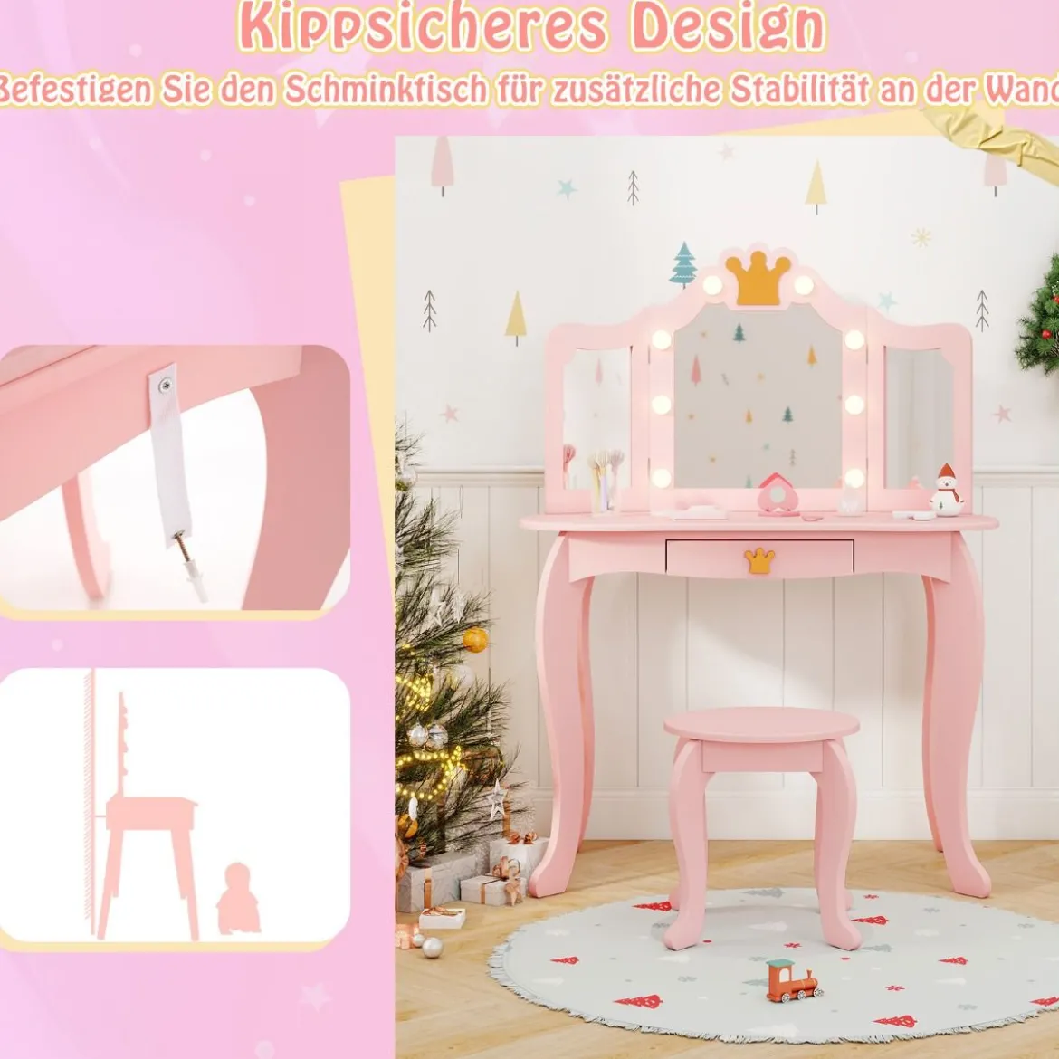 Kinder Schminktisch mit Beleuchtung Frisiertisch Mädchen mit Dreifach Klappbarem Spiegel
