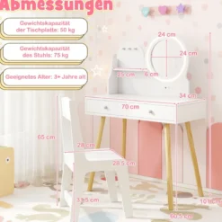 Kinder Schminktisch mit Beleuchtung 2 in 1 Frisiertisch mit Spiegel Weiß