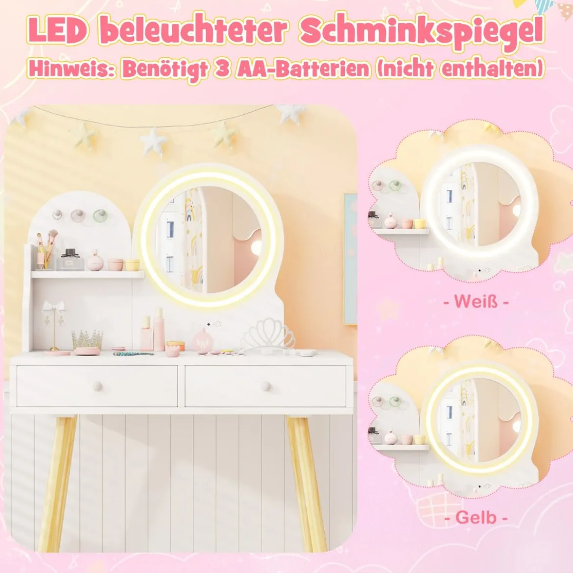 Kinder Schminktisch mit Beleuchtung 2 in 1 Frisiertisch mit Spiegel Weiß