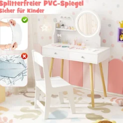 Kinder Schminktisch mit Beleuchtung 2 in 1 Frisiertisch mit Spiegel Weiß