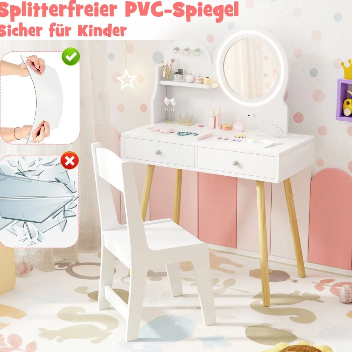 Kinder Schminktisch mit Beleuchtung 2 in 1 Frisiertisch mit Spiegel Weiß