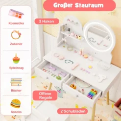 Kinder Schminktisch mit Beleuchtung 2 in 1 Frisiertisch mit Spiegel Weiß