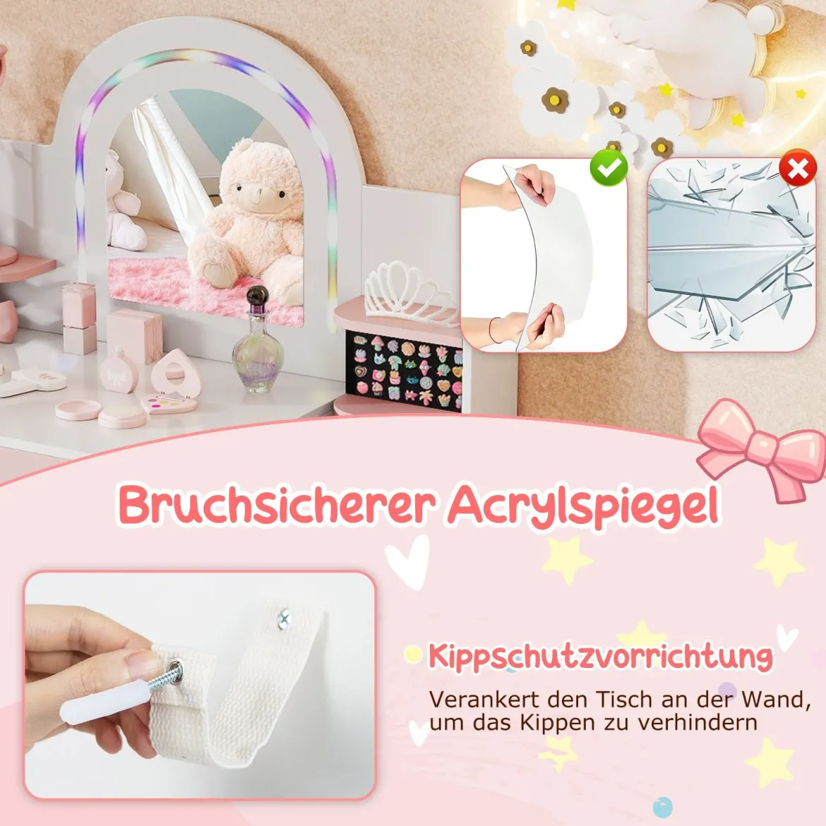 Kinder Schminktisch mit Beleuchtung & Buntem Spiegel Frisiertisch mit Regalen Kosmetiktisch Weiß