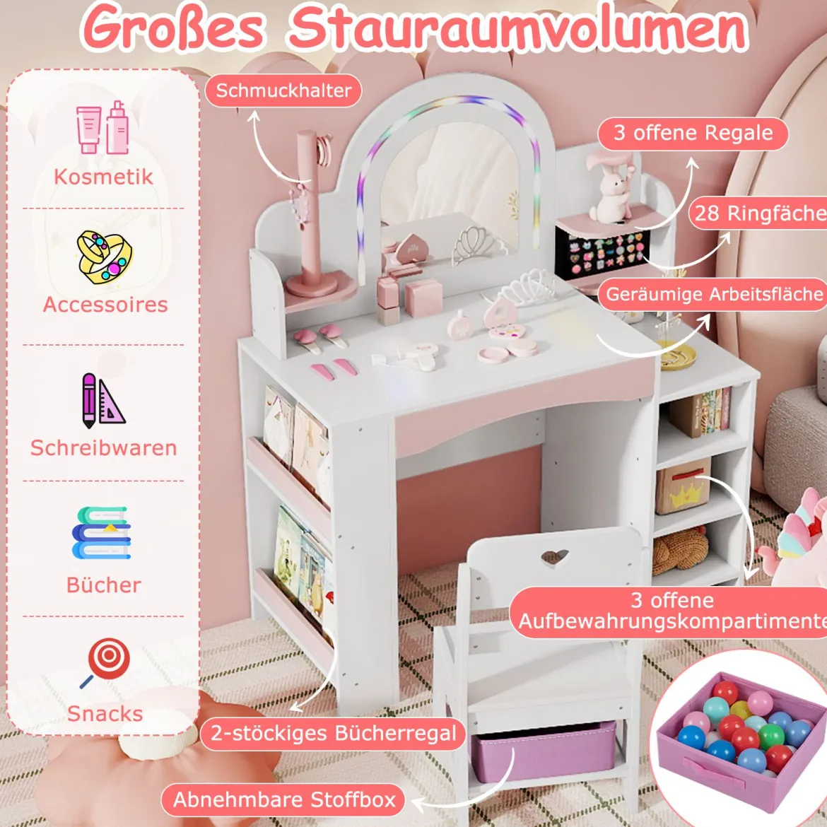 Kinder Schminktisch mit Beleuchtung & Buntem Spiegel Frisiertisch mit Regalen Kosmetiktisch Weiß