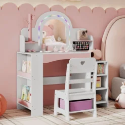 Kinder Schminktisch mit Beleuchtung & Buntem Spiegel Frisiertisch mit Regalen Kosmetiktisch Weiß