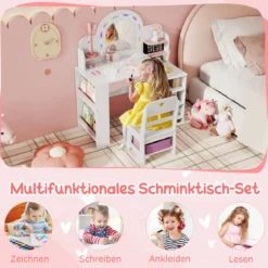 Kinder Schminktisch mit Beleuchtung & Buntem Spiegel Frisiertisch mit Regalen Kosmetiktisch Weiß