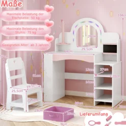Kinder Schminktisch mit Beleuchtung & Buntem Spiegel Frisiertisch mit Regalen Kosmetiktisch Weiß