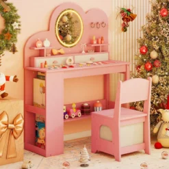 Kinderschminktisch mit Beleuchtung Prinzessinnen Frisiertisch & Stuhl Set mit 2 Schubladen Rosa