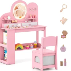 Kinderschminktisch mit Beleuchtung Prinzessinnen Frisiertisch & Stuhl Set mit 2 Schubladen Rosa