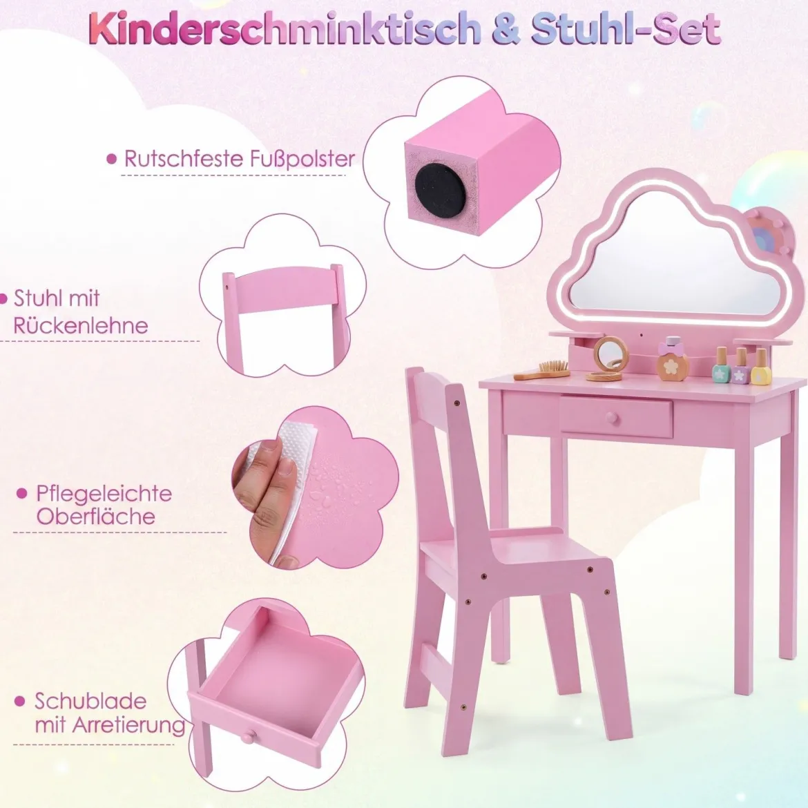 Kinder Schminktisch mit Beleuchtung Wolken-Spiegel 3 Schmuckhaken für Kinder von 3-6 Jahren Rosa