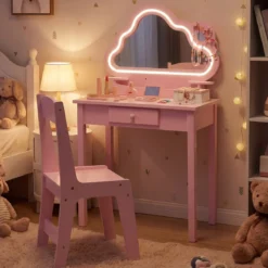 Kinder Schminktisch mit Beleuchtung Wolken-Spiegel 3 Schmuckhaken für Kinder von 3-6 Jahren Rosa