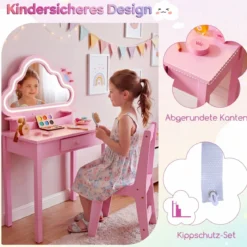 Kinder Schminktisch mit Beleuchtung Wolken-Spiegel 3 Schmuckhaken für Kinder von 3-6 Jahren Rosa