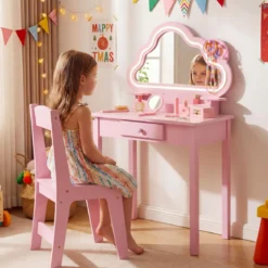 Kinder Schminktisch mit Beleuchtung Wolken-Spiegel 3 Schmuckhaken für Kinder von 3-6 Jahren Rosa