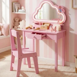 Kinder Schminktisch mit Beleuchtung Wolken-Spiegel 3 Schmuckhaken für Kinder von 3-6 Jahren Rosa