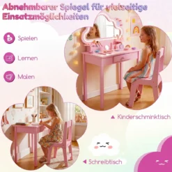 Kinder Schminktisch mit Beleuchtung Wolken-Spiegel 3 Schmuckhaken für Kinder von 3-6 Jahren Rosa