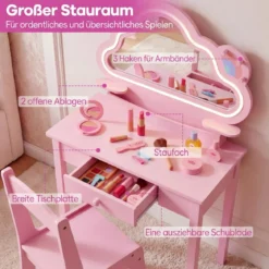 Kinder Schminktisch mit Beleuchtung Wolken-Spiegel 3 Schmuckhaken für Kinder von 3-6 Jahren Rosa