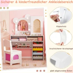 Kinder Schminktisch mit Beleuchtung Prinzessin Schminktisch & Stuhl Set mit 5 Schubladen & 2 Fächern Weiß