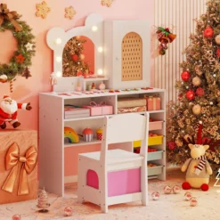 Kinder Schminktisch mit Beleuchtung Prinzessin Schminktisch & Stuhl Set mit 5 Schubladen & 2 Fächern Weiß