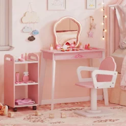 Kinder Schminktisch mit Drehstuhl & Friseurwagen Friseurtisch mit Verstellbarer Beleuchtung Rosa