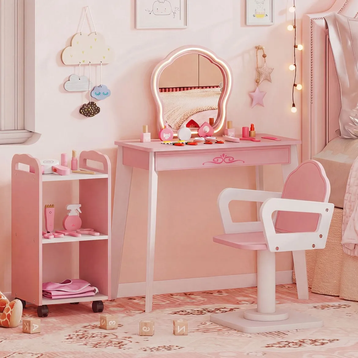 Kinder Schminktisch mit Drehstuhl & Friseurwagen Friseurtisch mit Verstellbarer Beleuchtung Rosa