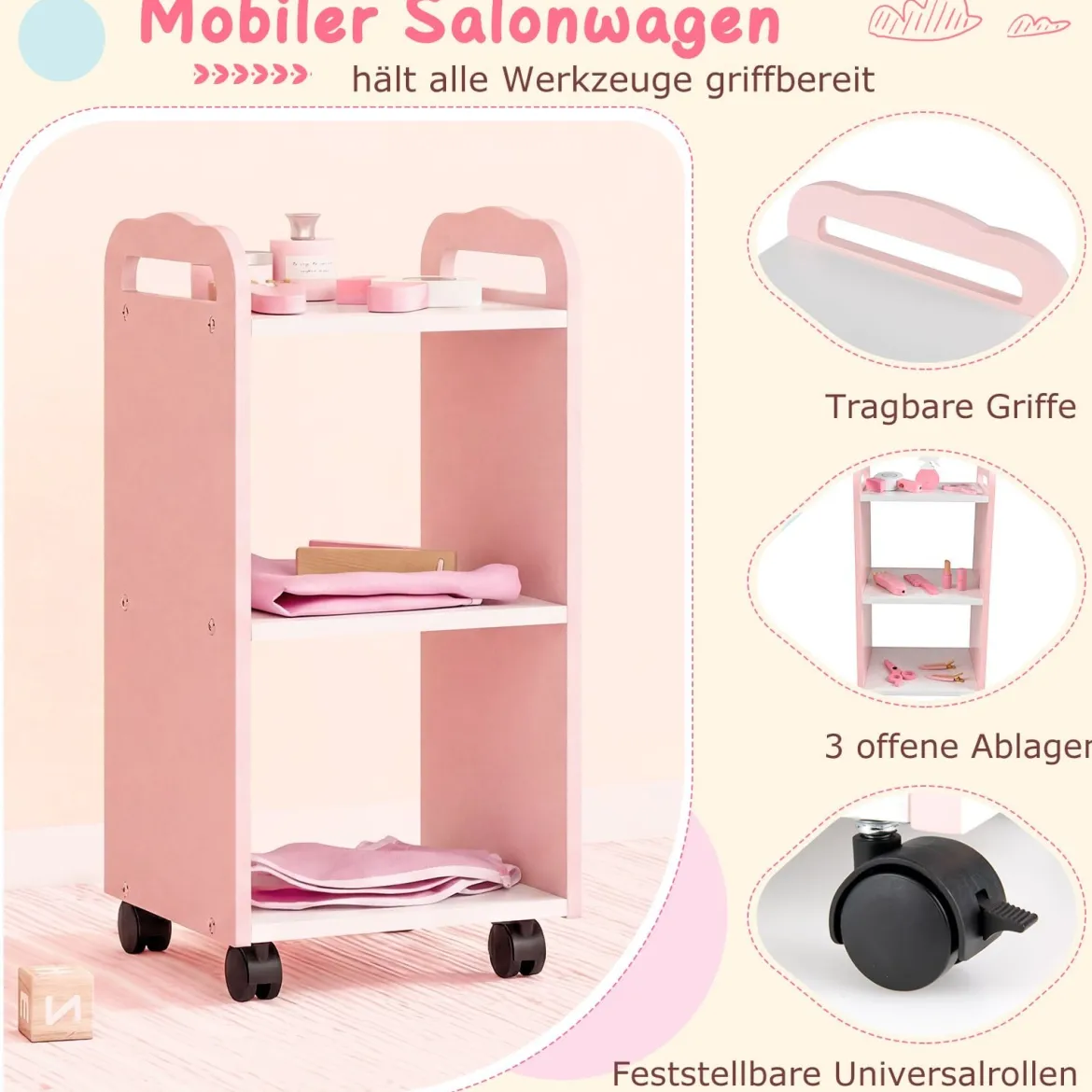 Kinder Schminktisch mit Drehstuhl & Friseurwagen Friseurtisch mit Verstellbarer Beleuchtung Rosa