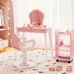 Kinder Schminktisch mit Drehstuhl & Friseurwagen Friseurtisch mit Verstellbarer Beleuchtung Rosa
