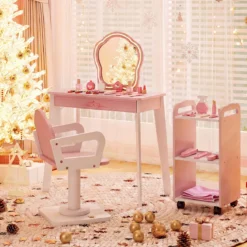 Kinder Schminktisch mit Drehstuhl & Friseurwagen Friseurtisch mit Verstellbarer Beleuchtung Rosa