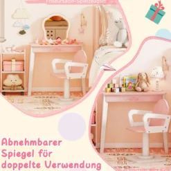Kinder Schminktisch mit Drehstuhl & Friseurwagen Friseurtisch mit Verstellbarer Beleuchtung Rosa