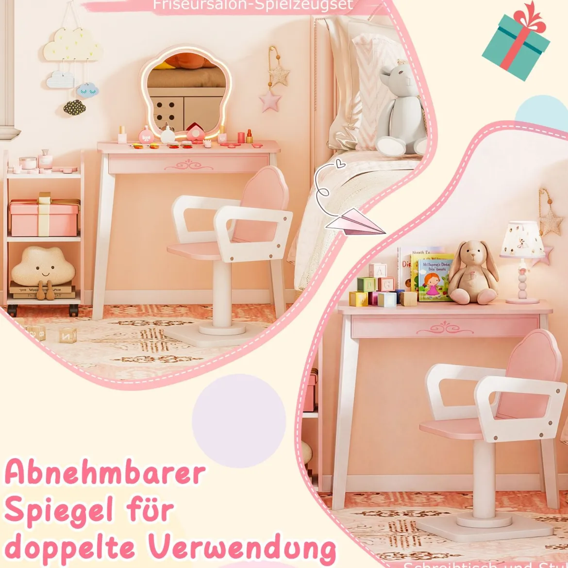 Kinder Schminktisch mit Drehstuhl & Friseurwagen Friseurtisch mit Verstellbarer Beleuchtung Rosa