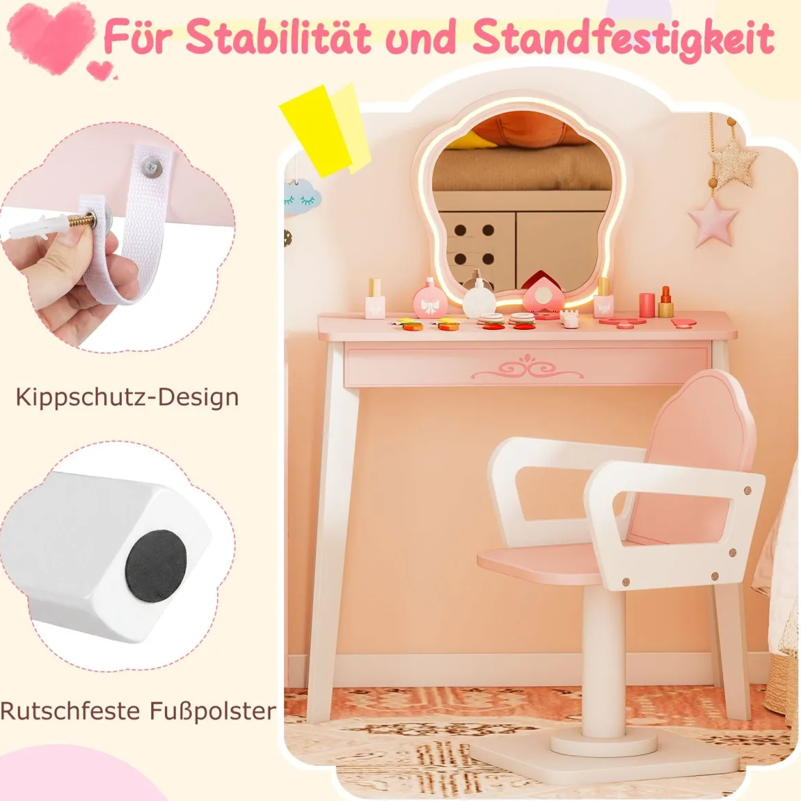 Kinder Schminktisch mit Drehstuhl & Friseurwagen Friseurtisch mit Verstellbarer Beleuchtung Rosa